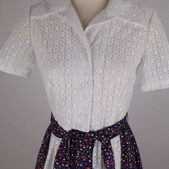 Vintage Patchwork Quilt Maxi Boho Hippie White Eyelet Cottage Core Prairie Dress - Picture 5 of 8